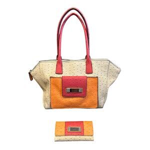 Guess Handbag, Shoulder Bag Faux Leather Ostrich Bone/Pink Orange With Wallet